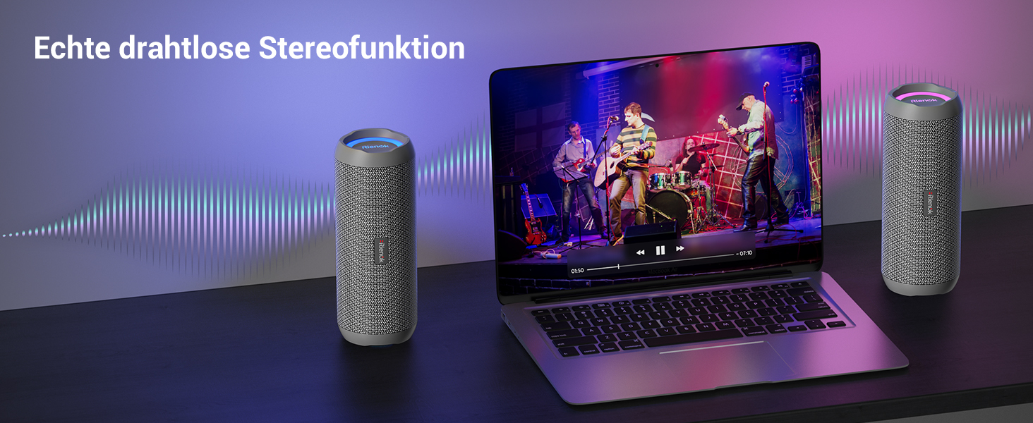 Портативна Bluetooth колонка RIENOK з підсвіткою, IPX7, 3600 mAh, баси, стерео звук (Сірий)
