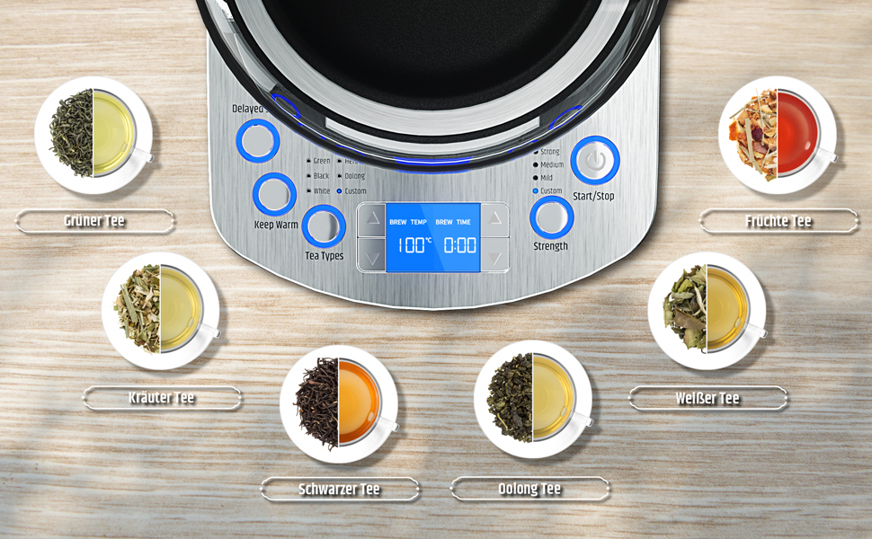 Електричний чайник Razorri 1.7L з автоматичним підйомом кошика, BPA Free, 5 сортів чаю, 3 інтенсивності заварювання, підтримання тепла до 60 хв, програмований час заварювання, з нержавіючою сталлю