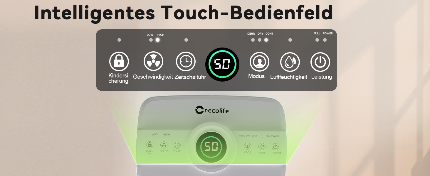 Електричний осушувач повітря Crecolife 12L/24h, 190W, для приміщень 20м², з цифровим дисплеєм та сенсорною панеллю управління, 3 режими осушення, 2 варіанти зливу, таймер 24h