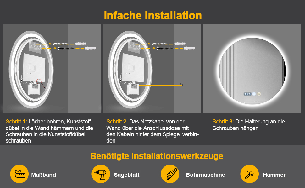 Дзеркало для ванної кімнати 600мм з підсвічуванням, регульоване, з антизапарюванням, таймером, IP44, кругле