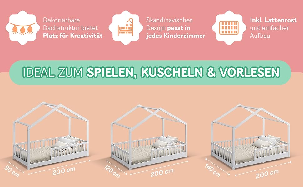 Ліжко-дитяча хатинка CADANI Malte, 120x200 см, білий колір, Montessori, з бортиками, трансформується, з ламелями, до 200 кг