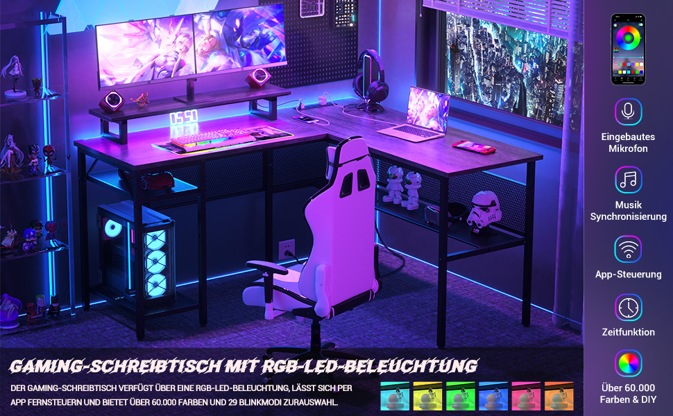 L-подібний ігровий стіл, 141x117x76 см, з полицею, для дому, офісу, навчання, ігор (гранатовий дуб)