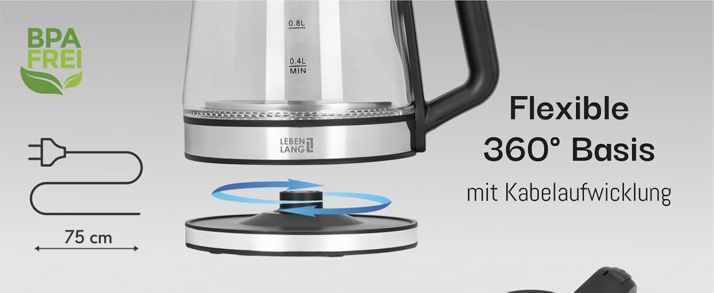 Скляний чайник LEBENLANG 1.2 л з LED-підсвіткою - нержавіюча сталь, без BPA | Чайник для подорожей, кемпінгу