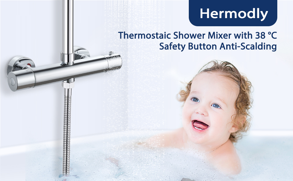 Змішувач для ванни з термостатом, накладний, хром, латунь, з кнопкою безпеки 38°C, для ванни, водопровідний кран, термостат для душу (2 отвори)