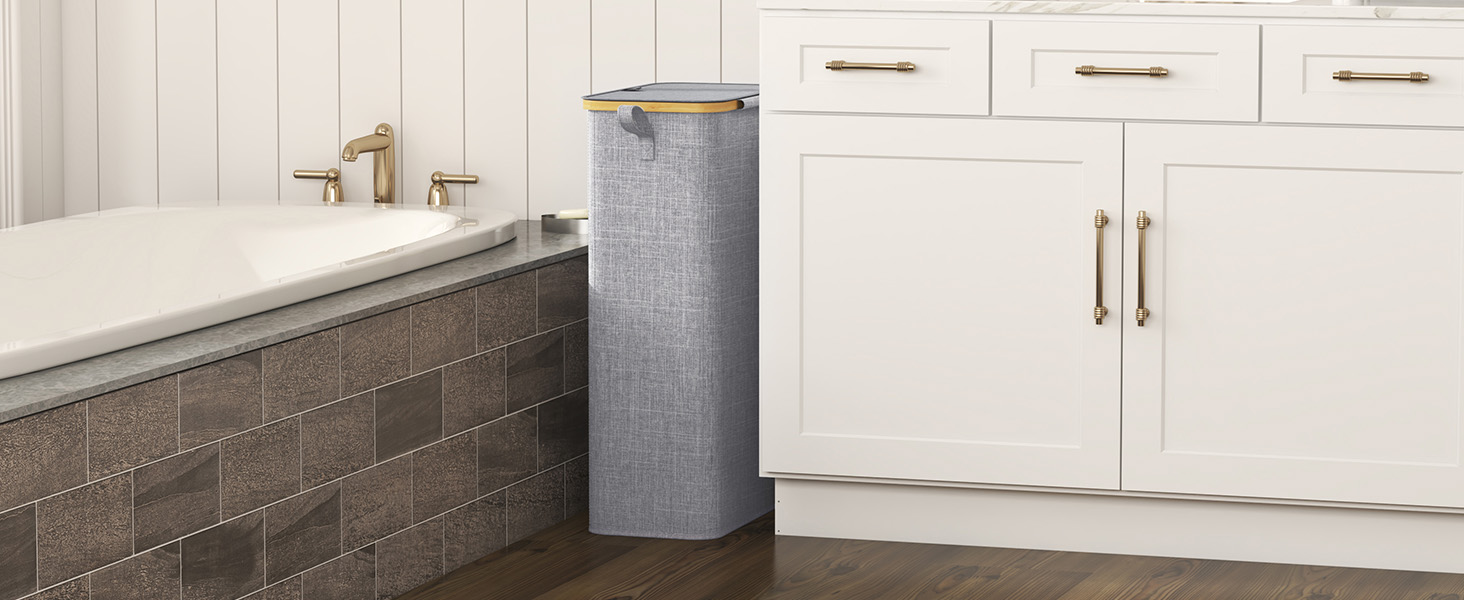 Кошик для білизни Lifewit з кришкою, вузький, складний, 75л, бамбук, сірий