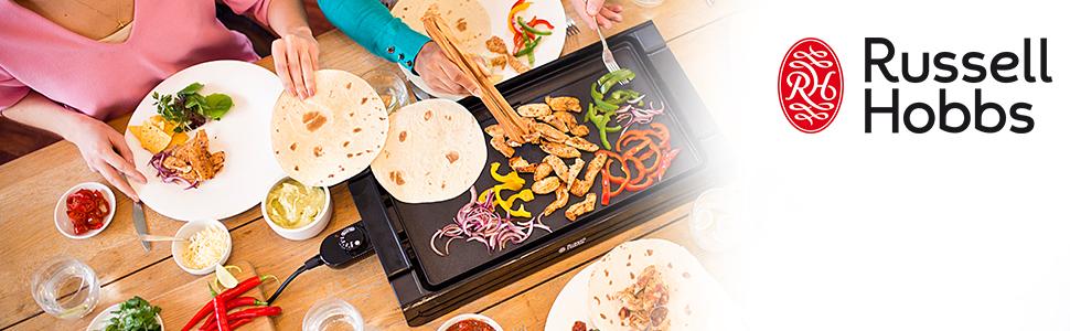 Рашет гриль Russell Hobbs на 8 персон з 8 сковородами та дерев'яним шпателем, 2 грильні пластини: з натурального каменю з жолобом для соку та антипригарне двостороннє рельєфне/тепаньякі, гриль для піци, 26280-56 (настільний гриль)
