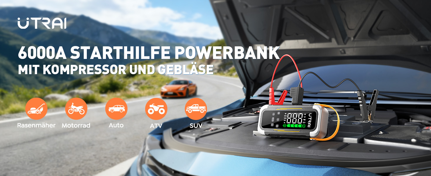 Powerbank Starthilfe UTRAI з компресором та вентилятором для авто, 6000A, LED, PD 30W, для бензинових та дизельних двигунів (10L)
