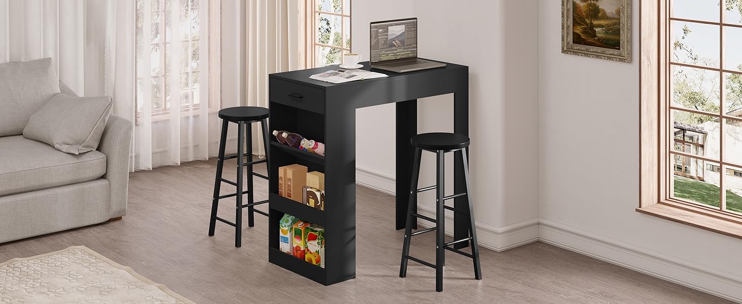WOLTU Столик барний, кухонний, вітальні, їдальні з 1 шухлядою, 3 полицями, віноградником, чорний 100x50x100 см