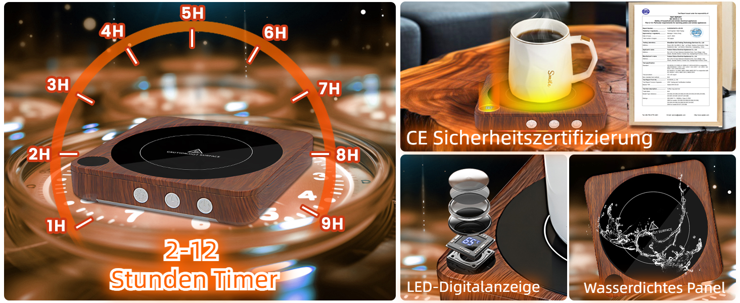 Підігрівач чашок з дисплеєм температури, вимкненням на 2-12 годин, розумний підігрівач свічок, текстура дерева
