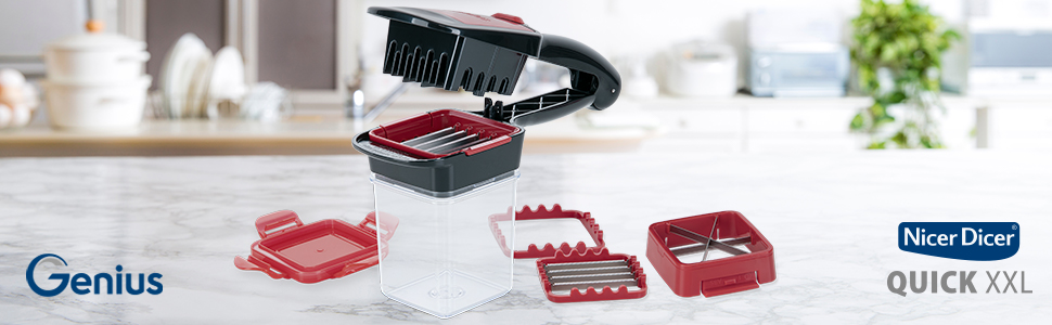 Набір Genius Nicer Dicer Quick XXL - подрібнювач з 3 лезами та контейнером для збору, 320 мл, ручний формат, нержавіюча сталь, червоний