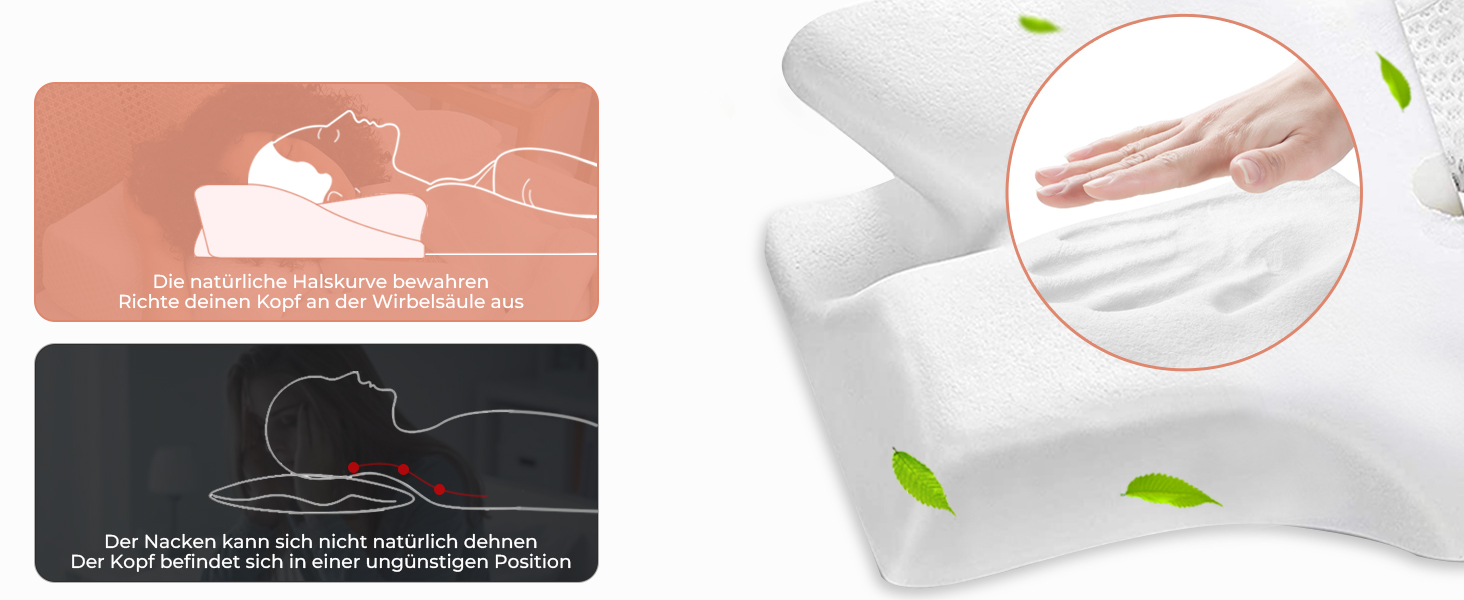 Ортопедична подушка для шиї Elviros з піни Memory Foam, ергономічна, для сну на спині, боці та животі, знімний охолоджуючий чохол, 64×(11,5/13)×40 см, сірий