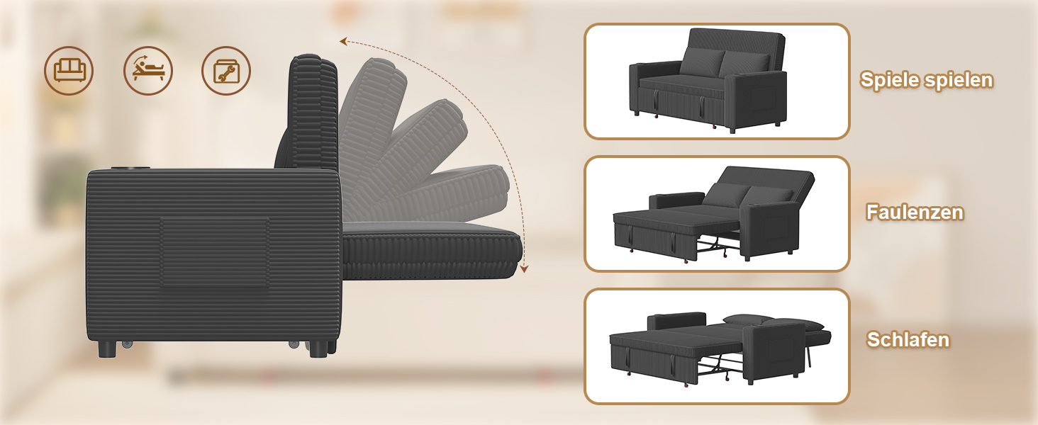 Диван-ліжко JUMMICO 2-місний розкладний сірий з подушками та підсклянниками для вітальні та спальні 75x160x93 см