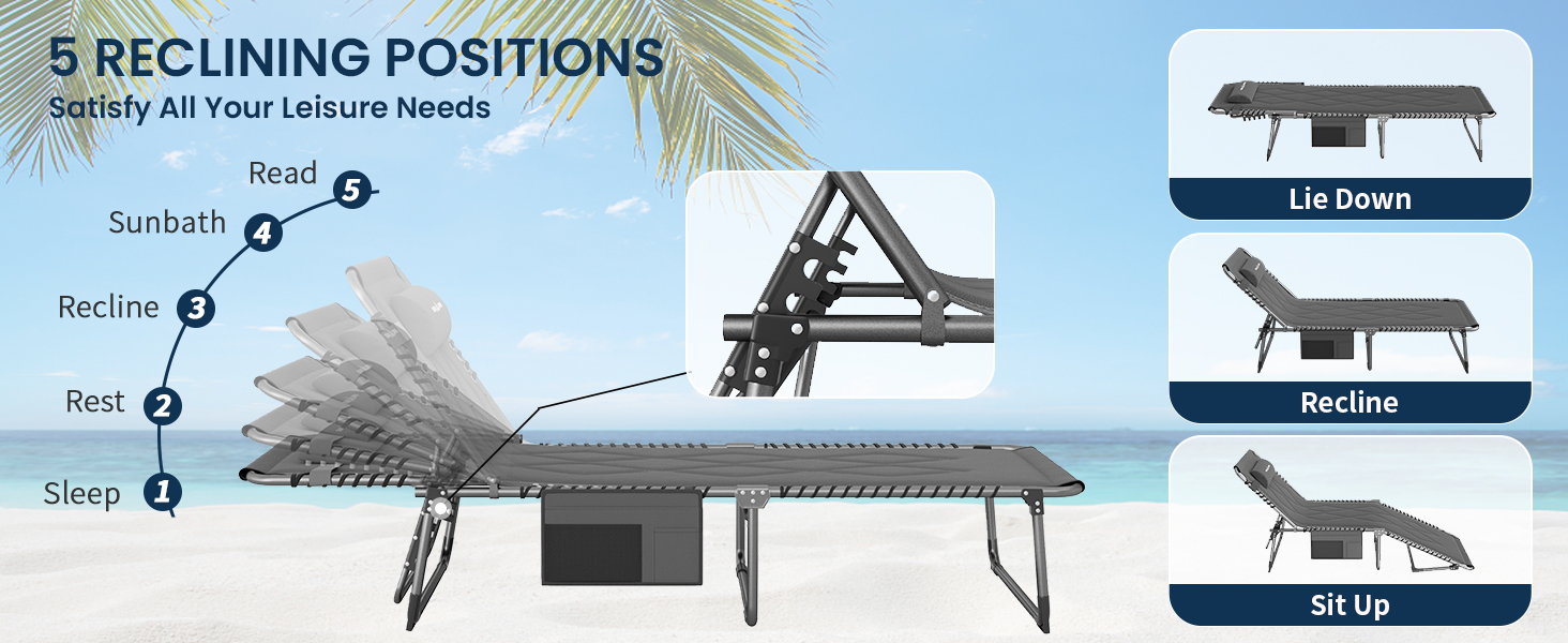 Розкладне ліжко для кемпінгу UDPATIO: зручне ліжко для відпочинку на природі з регульованою спинкою, сіре