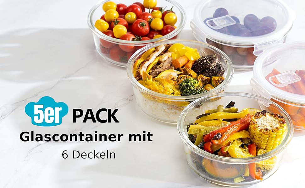 Скляні контейнери для їжі Igluu Meal Prep (набір 5 шт. + запасна кришка), круглі, 840 мл