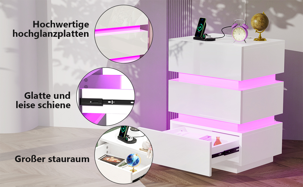 Нічний столик з розеткою та LED, нічний комод з функцією зарядки та USB, 2 висувні ящики (45x35x46/62 см, білий, набір 2 шт.)