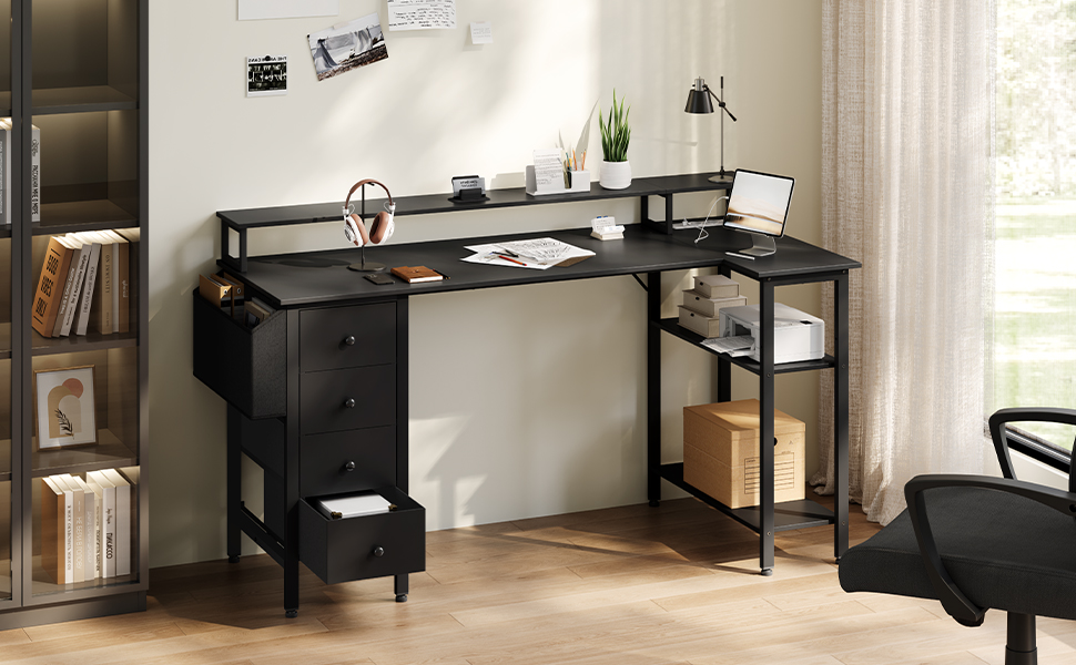 Кутовий стіл Yaheetech L-подібний з розетками 120x68 см, геймерський стіл з тримачем для монітора, 4 шухляди, 2 полиці, кишенька для зберігання, для дому/офісу (чорний)