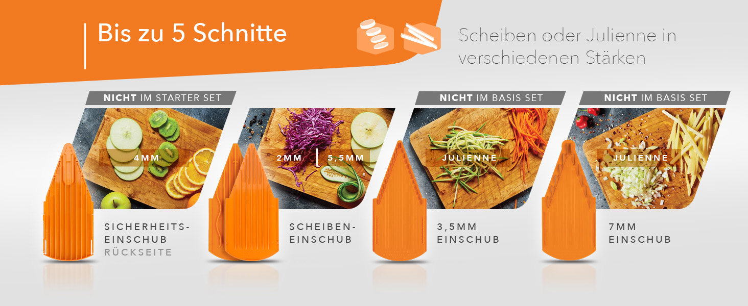 Набір Börner Gemüsehobel V3: V-овочерізалка для 5 видів нарізки, з нержавіючою сталею, з тримачем для фруктів, оранжевого кольору