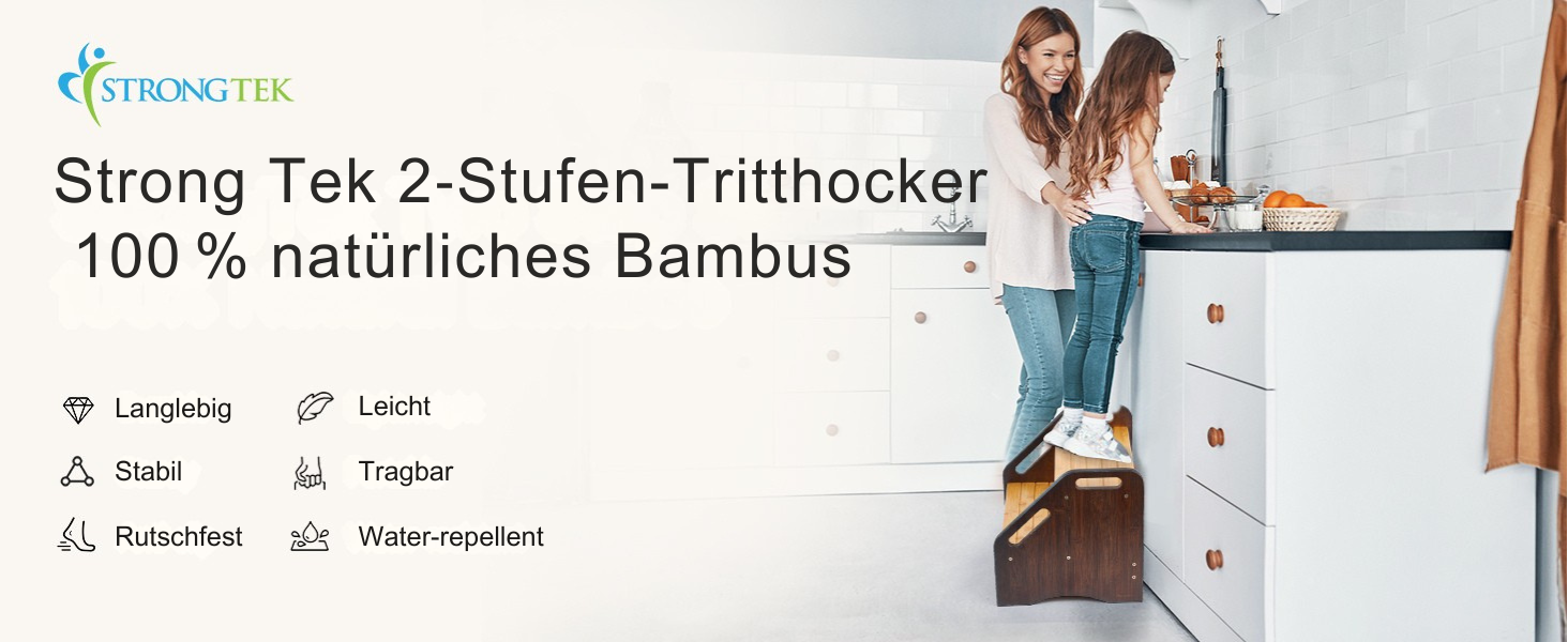 Сходинка StrongTek з бамбука для дітей та дорослих, 38 см, антиковзні сходинки, 160 кг, портативна дерев'яна сходинка з бічними ручками для ванної та кухні