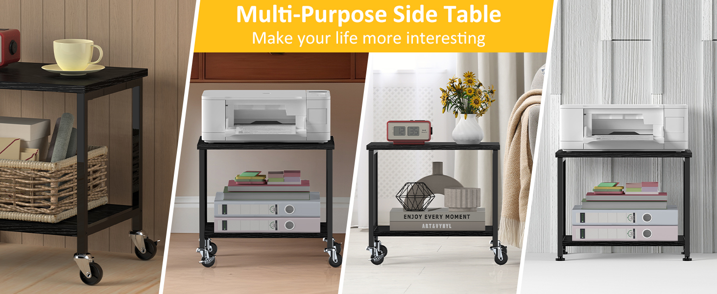 Двоярусний стіл для принтера з роликами, 30x42x37 см, дерев'яний та металевий, мобільний, для офісу та вітальні, чорний