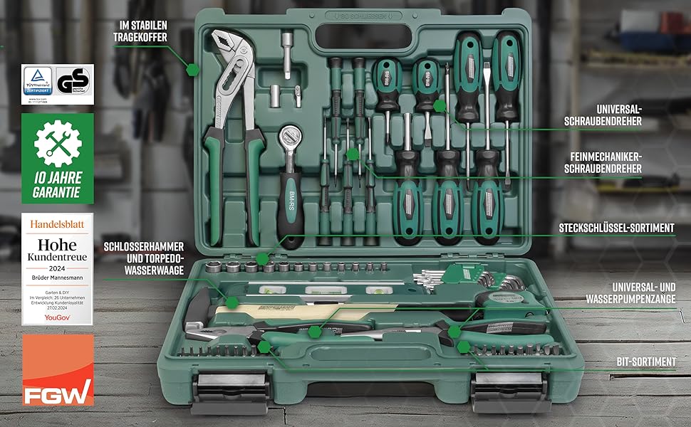 Набір інструментів Brüder Mannesmann 87 предметів у кейсі з Cr-V сталі: викрутки, плоскогубці, молоток, рівень, головки та біти M29084