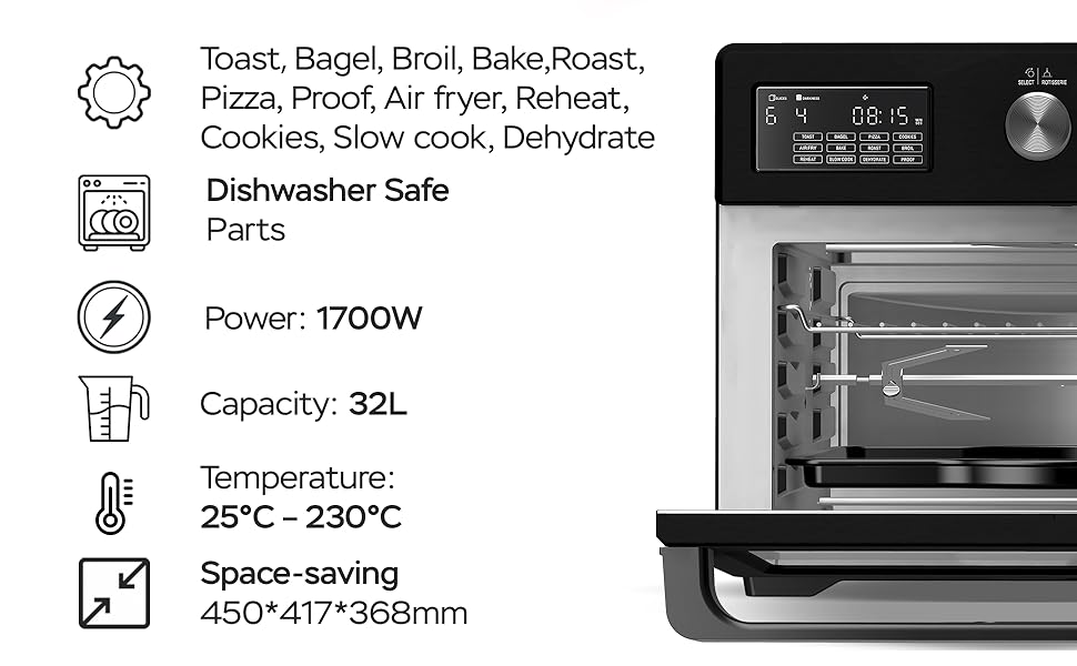 TurboTronic Цифровий Конвекційний Духовий Шовкопряд - XXL 32 літри з поворотним шампуром для курки 5 в 1 Міні-духовка, сушарка та фритюрниця Airfryer від 25°C (Чорний)