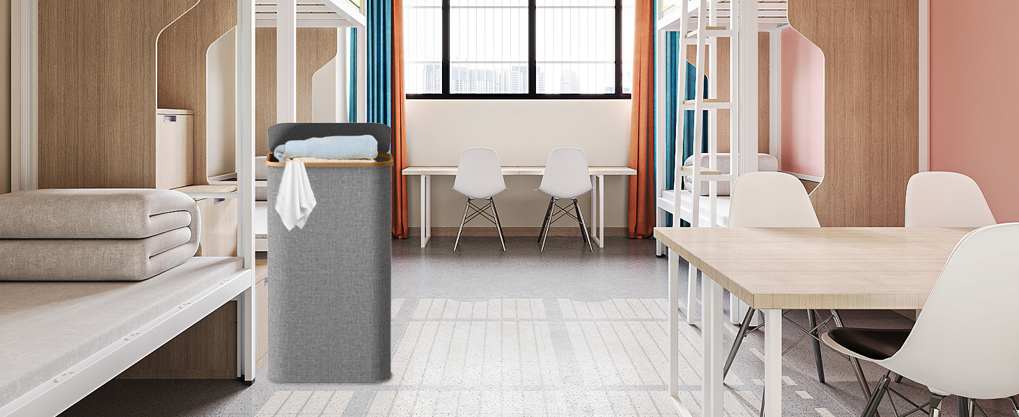 Кошик для білизни з кришкою 70л, вузький, з бамбуковими ручками та внутрішньою кишенею, складний, портативний, для пральні, йоги, темно-сірий 70л