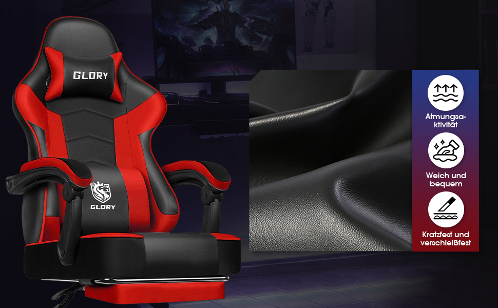 Ігровий крісло, офісне ергономічне крісло з телескопічною підніжкою, з підголівником та підтримкою попереку, регульоване та поворотне, 150 кг, (червоний)