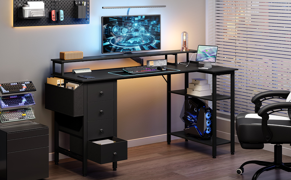 Кутовий стіл Yaheetech L-подібний з розетками 120x68 см, геймерський стіл з тримачем для монітора, 4 шухляди, 2 полиці, кишенька для зберігання, для дому/офісу (чорний)