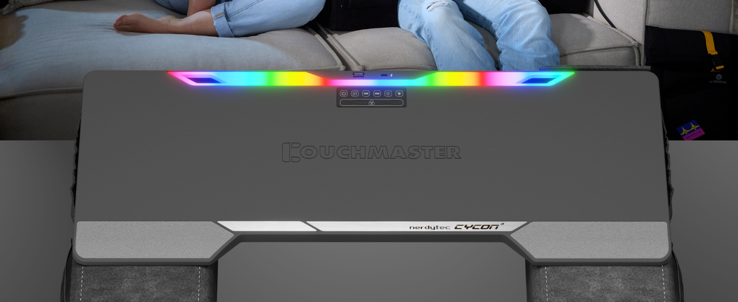 Couchmaster CYCON³ Black HORIZONLIGHT – стіл для ноутбука для геймінгу, чорний, з USB-хабом