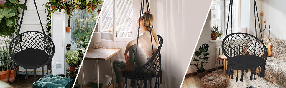 Підвісне крісло-гойдалка VOUNOT з полицею для книг та подушкою, Ø 80 см, чорний колір, для дому та саду