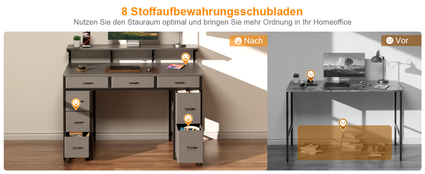 Комп'ютерний стіл з 8 висувними ящиками, 2 розетками, USB-портами, LED-підсвічуванням та підставкою для монітора, 120 x 50 x 74 см (сірий)