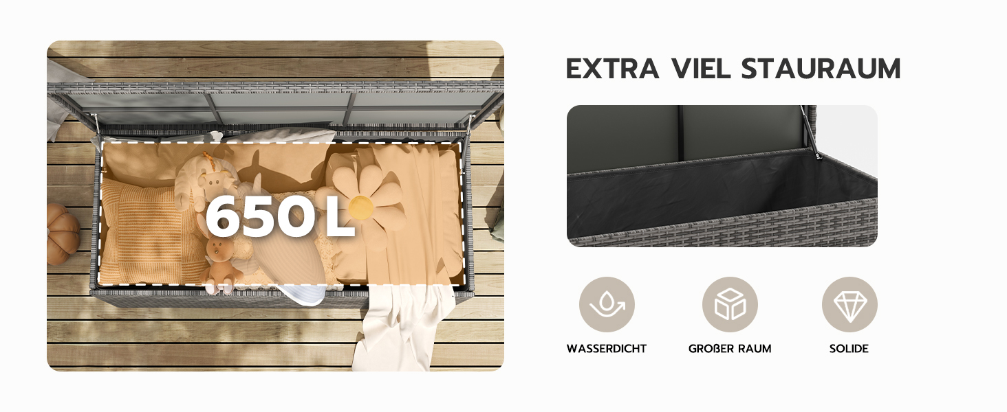 Водонепроникний садовий ящик Amopatio Gartenbox 650л з поліротангу, сірий. Ящик для подушок, металева коробка для зберігання з газліфтами для саду, балкону