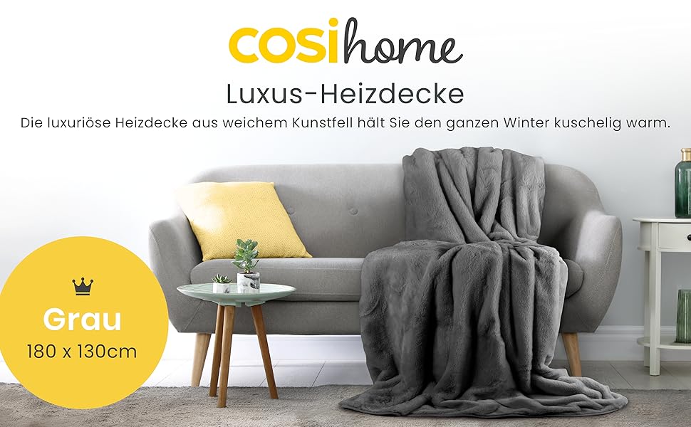 Електрична ковдра Cosi Home Luxury - 9 налаштувань тепла, автоматичне вимкнення, захист від перегріву, 180x130см, сірий