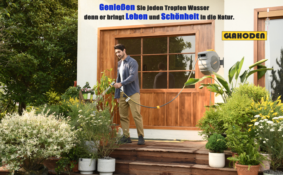 Шланговий барабан GLAHODEN з садовим шлангом 40 м + 2 м, стійкий до сонця та морозу, поворотний на 180°, настінна шланговий бокс з 9-функціональною розпилювальною насадкою