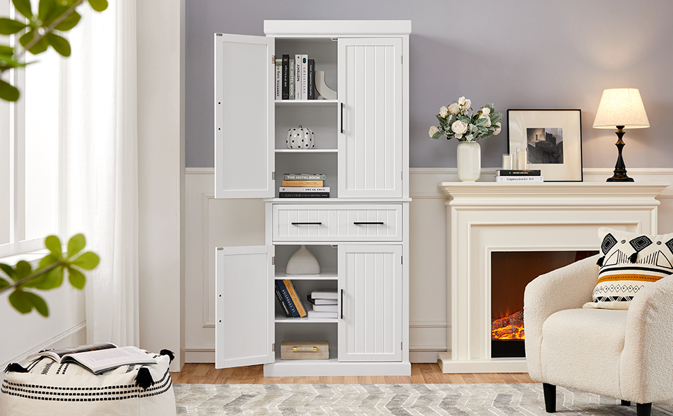 Шафа для зберігання Yaheetech 183,5 см, кухонна шафа з регульованими полицями та 2 шухлядами, багатоцільова шафа для дому, буфет для їдальні, велика, біла