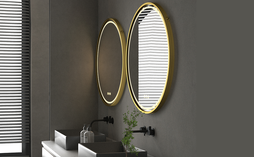 Дзеркало для ванної кімнати LUVODI кругле, 80 см, з підсвічуванням, золото, з сенсорним вимикачем, проти запотівання
