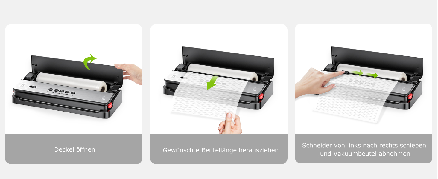 Вакууматор Bonsenkitchen для сухих та вологих продуктів з вбудованим різаком, чорний (в комплекті рулон та 5 пакетів)