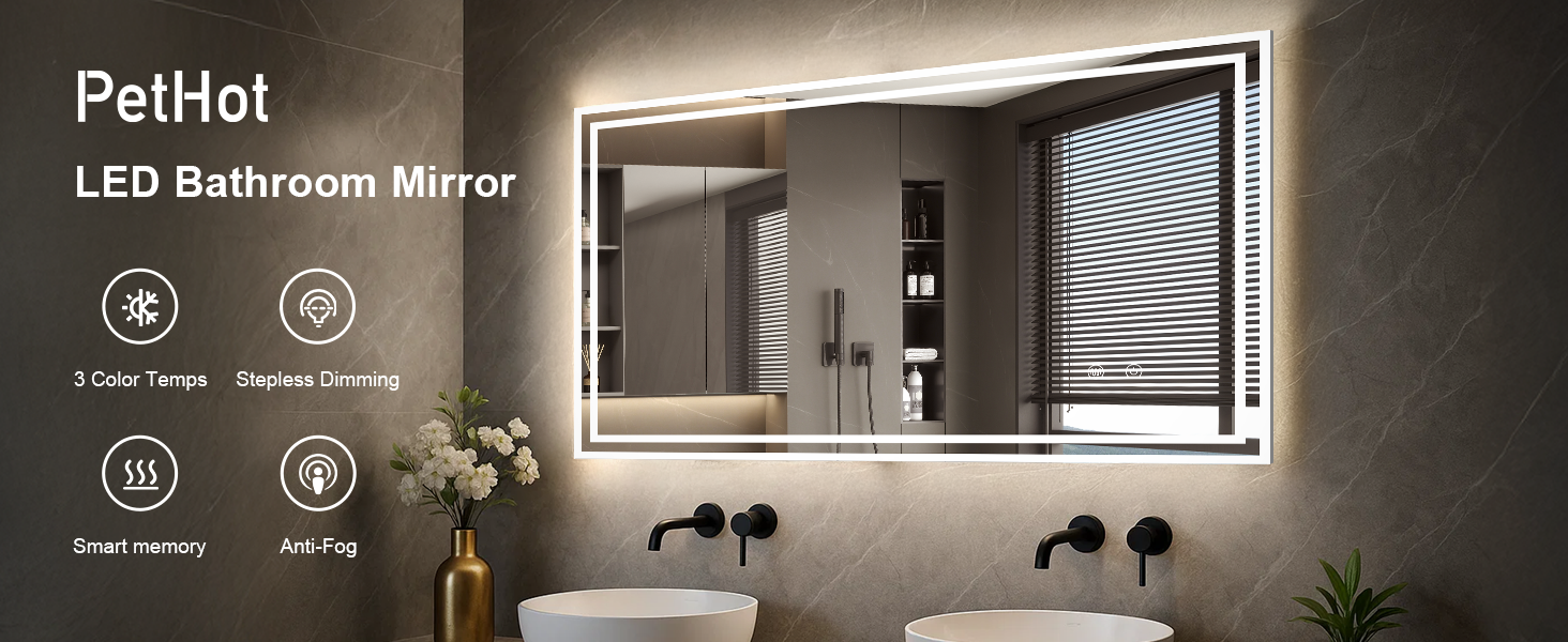 Дзеркало для ванної кімнати Youyijia з підсвічуванням, 70x50 см, з антизапарюючим покриттям, сенсорним вимикачем, 3 кольори світла, регулювання яскравості, 3500K-6500K