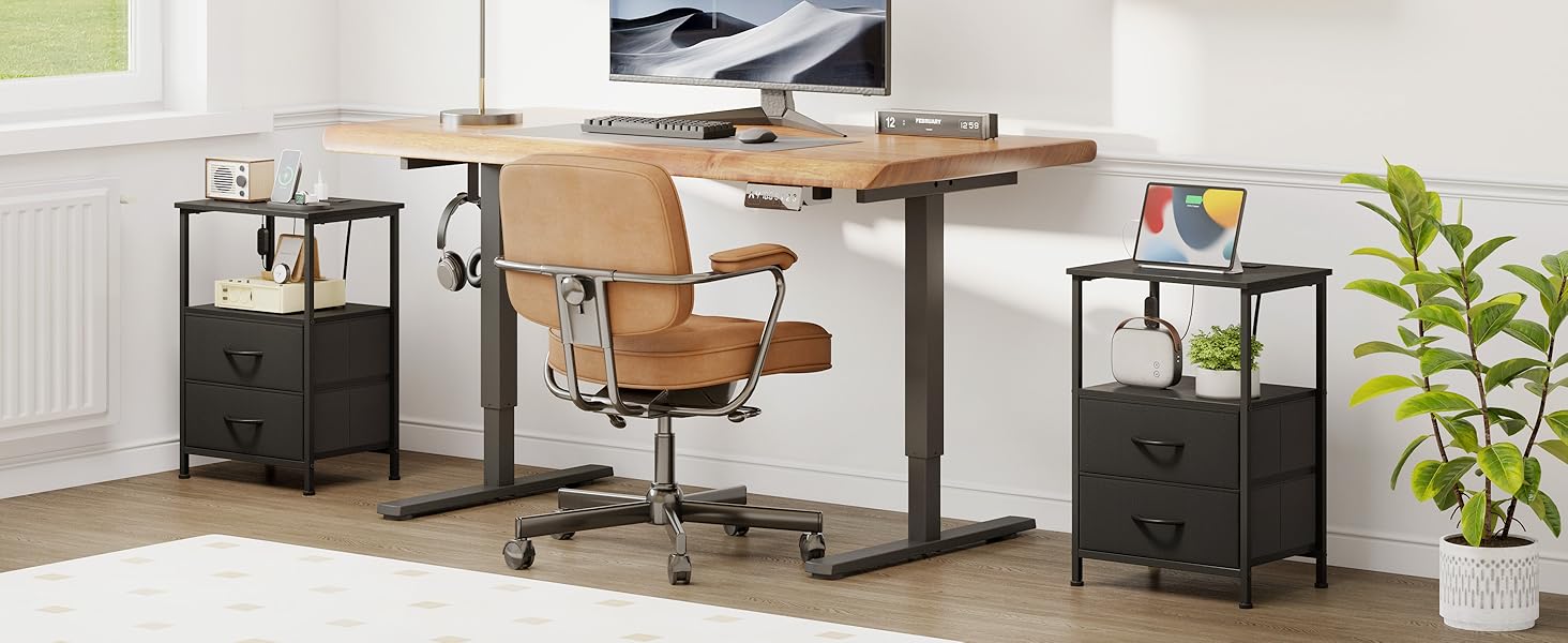 Нічний столик Somdot з підзарядкою, LED, розеткою (USB, Type-C) для спальні, вітальні, дитячої кімнати, чорного кольору, 30x40x60 см (2 висувні ящики)