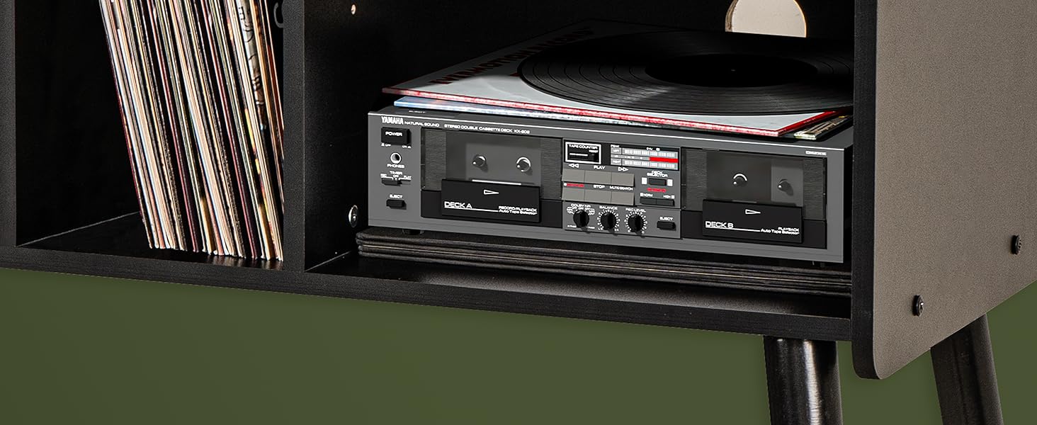 Стіл для програвача вінілу, стійка для програвача середини століття з місцем для зберігання до 150+ платівок, шафа для платівок з регульованими полицями, чорний