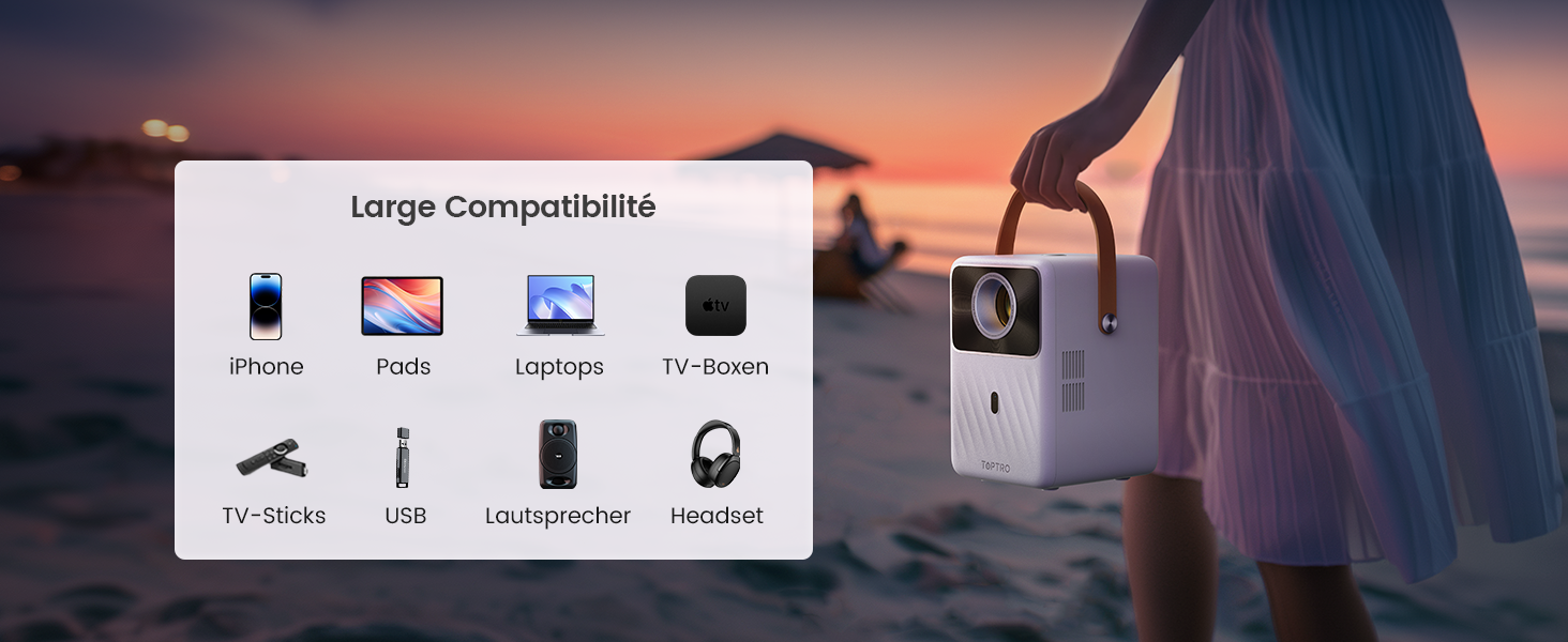 Проектор Toptro Mini Beamer: 1080P Full HD, Android TV, WiFi, Bluetooth, 300 ANSI, Зовнішній, Компактний, з Електричним Фокусом