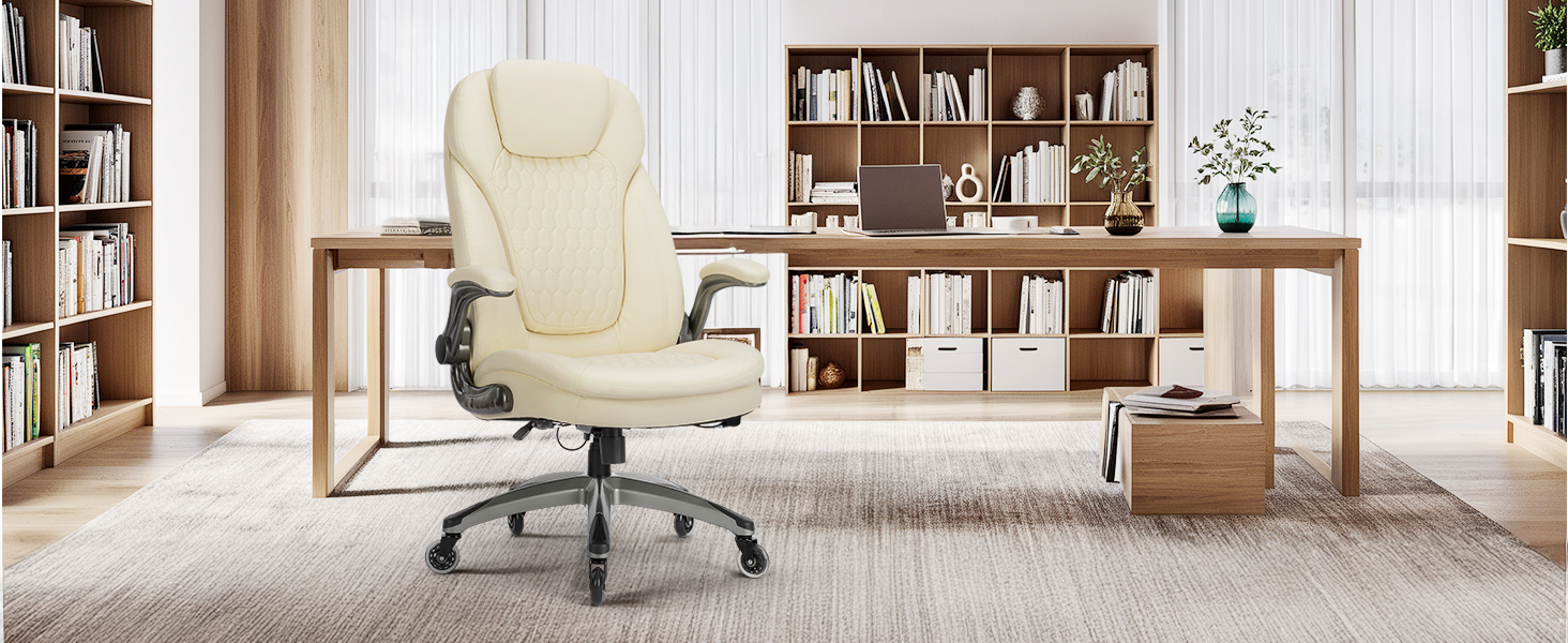Крісло для офісу Colamy: ергономічне крісло з дихаючої шкіри, підголівник, регульовані підлокітники та м'яке сидіння з пружинним блоком, для дому та офісу (слонова кістка)