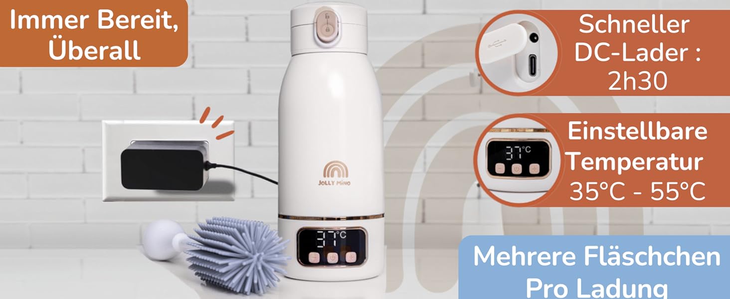 Jolly Mino: Портативний підігрівач пляшок 500 мл – Бездротовий, з нержавіючої сталі, для дитячого харчування та води – Ідеальний для подорожей, авто та літака