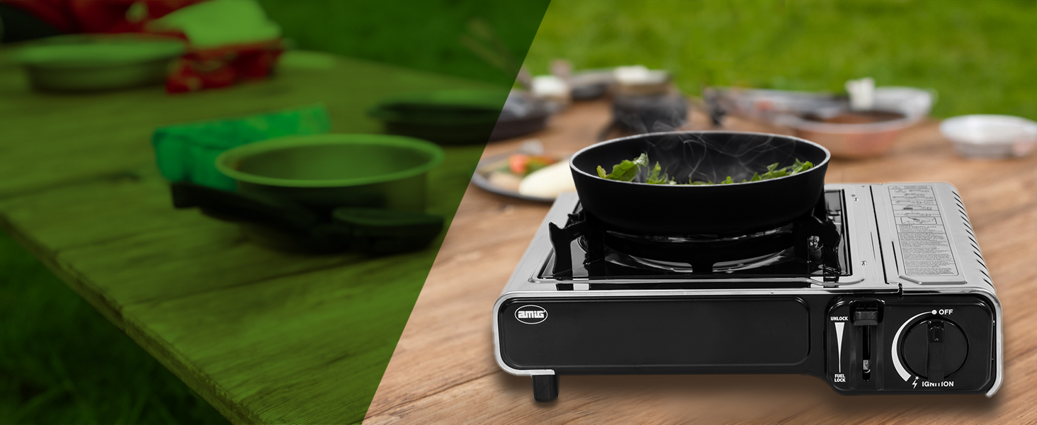 Газовий балонний пальник Amig CAMP01 з 1 конфоркою, вбудованим вітрозахистом та нержавіючою сталею, 2.2 кВт, сумісний з картриджами B-250