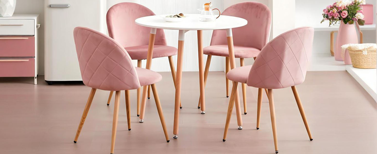 DEYARNA HOME Комплект обідньої групи: стіл та 4 стільці, стіл з МДФ, стільці з оксамиту, сучасний дизайн (Білий/Рожевий, 80*80*75 см)