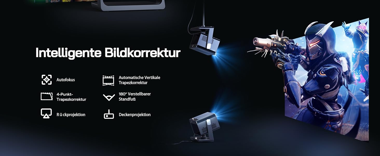 Міні проектор WOLFANG 4K з автофокусом та корекцією трапеції, 28000 люмен, WiFi 6, Bluetooth, для домашнього кінотеатру, 180° підставка, підтримка iOS/Android, для показу на вулиці