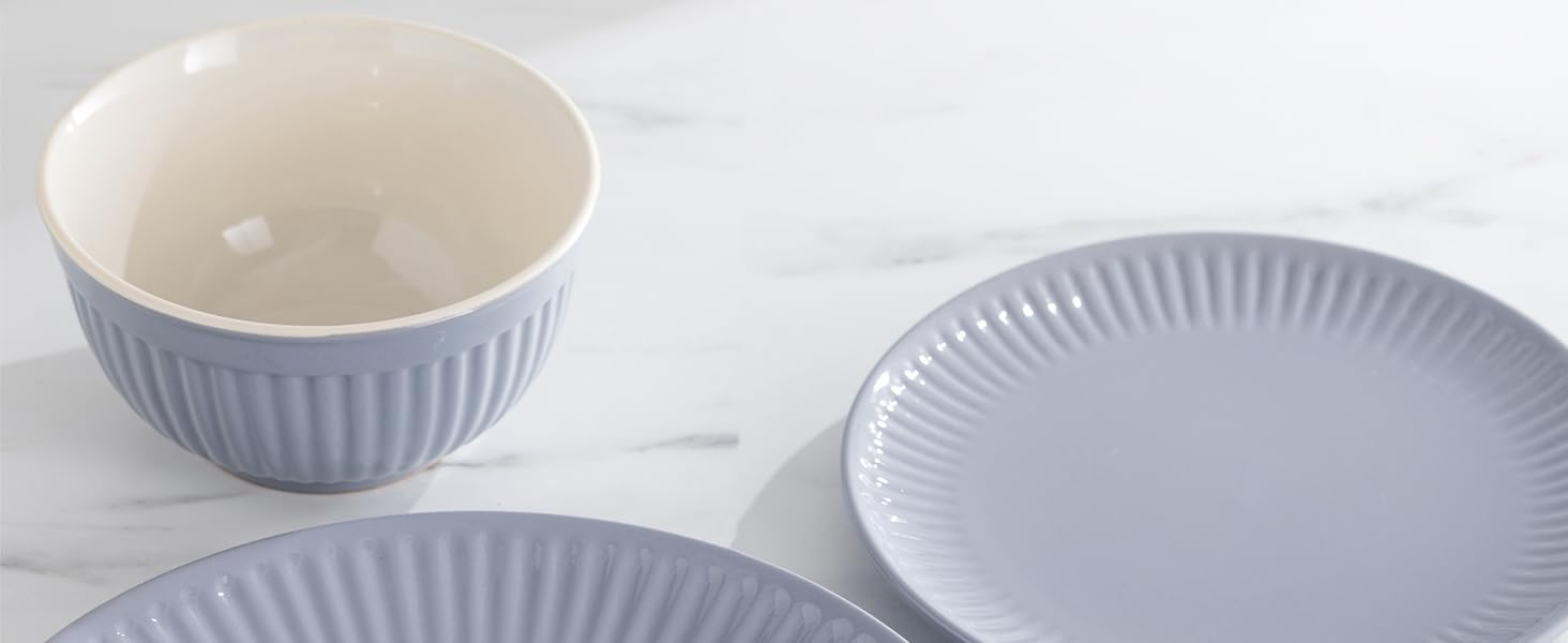 Набір посуду Steingut Hygge 24 елементи (6 осіб), сіро-блакитний колір, преміум якість, комплект посуду для сервірування столу