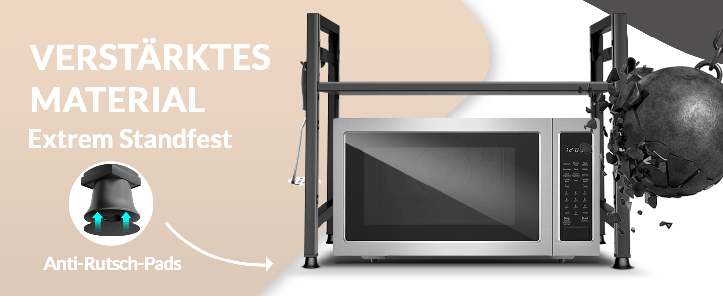 Підставка для мікрохвильової печі та кухонна полиця, сталева, 2-ярусна | Підставка для мікрохвильовки, шафка для мікрохвильовки, полиця для зберігання, полиця пекаря | Регульована висота та довжина, інструкція у відеоформаті, гачки - Чорний колір, 2 яруси