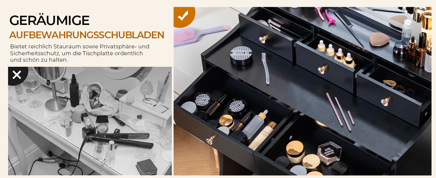 Трюмо COMHOMA з підсвічуванням, дзеркалом та прихованою LED-смугою, зі стільцем та 5 висувними ящиками, з розеткою, 3 колірні температури та регульована яскравість, білий (чорний)