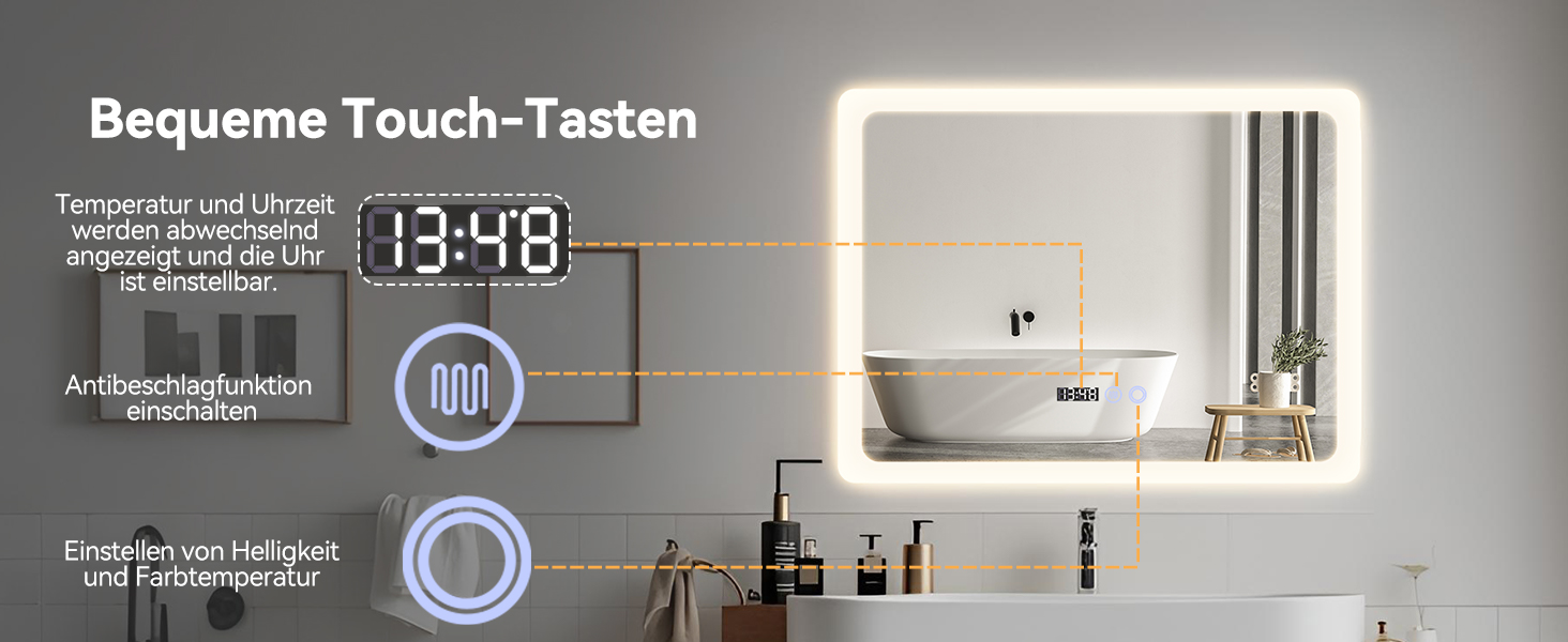 Дзеркало для ванної кімнати YU YUSING з підсвічуванням 80x60 см, LED, 3 кольори світла, регулювання яскравості, антизапар, сенсорне управління, таймер, загартоване скло, IP44 (прозоре)